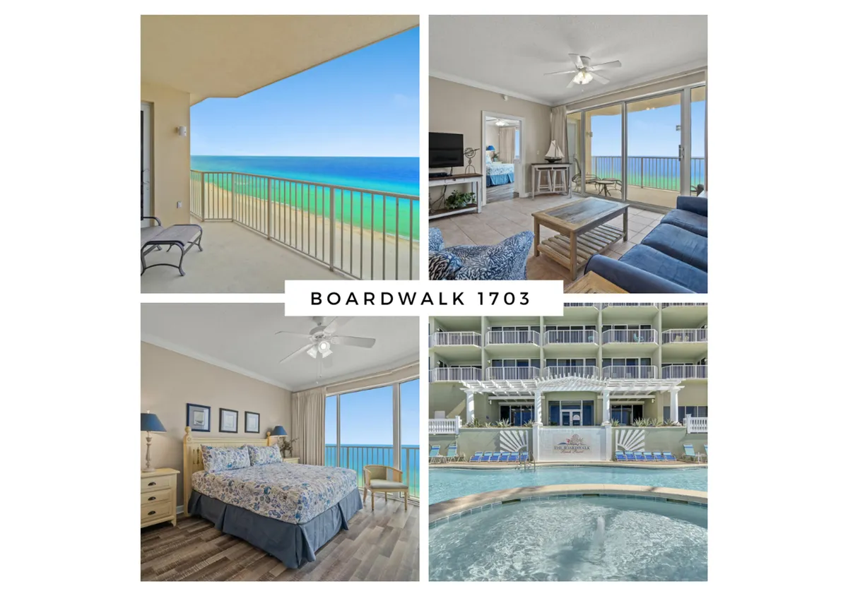 The image showcases a bright, contemporary living space with floor-to-ceiling windows overlooking the sparkling Gulf of Mexico. The open-concept living room features comfortable, nautical-inspired furnishings, and leads out to a private balcony with panoramic ocean views. In the distance, the resort pool area is visible, inviting guests to relax or take a refreshing dip. The tranquil scene is completed by glimpses of the master bedroom and tasteful coastal décor throughout.